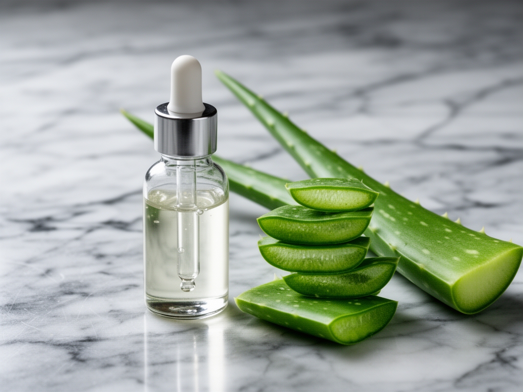Szklana buteleczka z przezroczystym serum obok aloesu i plasterków ogórka na chłodnej marmurowej powierzchni, ilustracja nawilżenia i składników pielęgnacyjnych