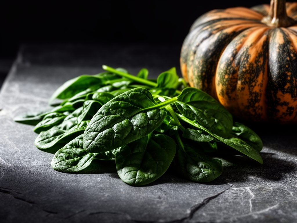 Ciemnozielone liście szpinaku i dynia leżące na kamiennym blacie, naturalne produkty bogate w magnez, sfotografowane w stylu dokumentalnym z głębokimi cieniami