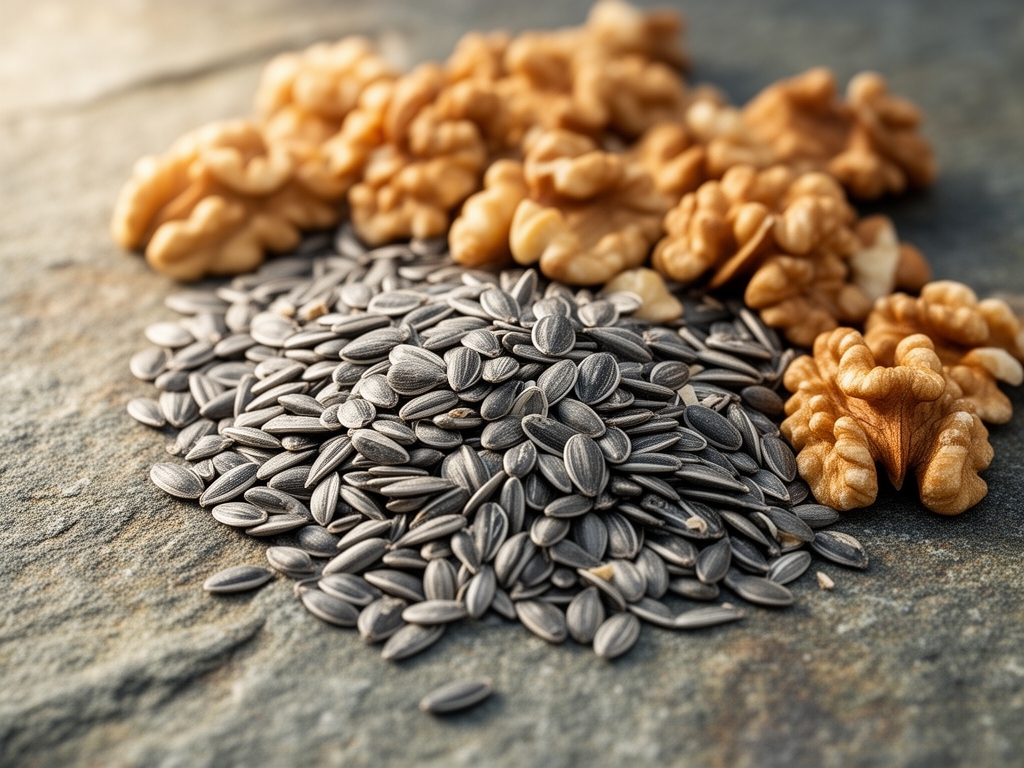 Zbliżenie na nasiona dyni i orzechy rozsypane na kamiennej powierzchni, naturalne źródła cynku i magnezu, oświetlone miękkim naturalnym światłem