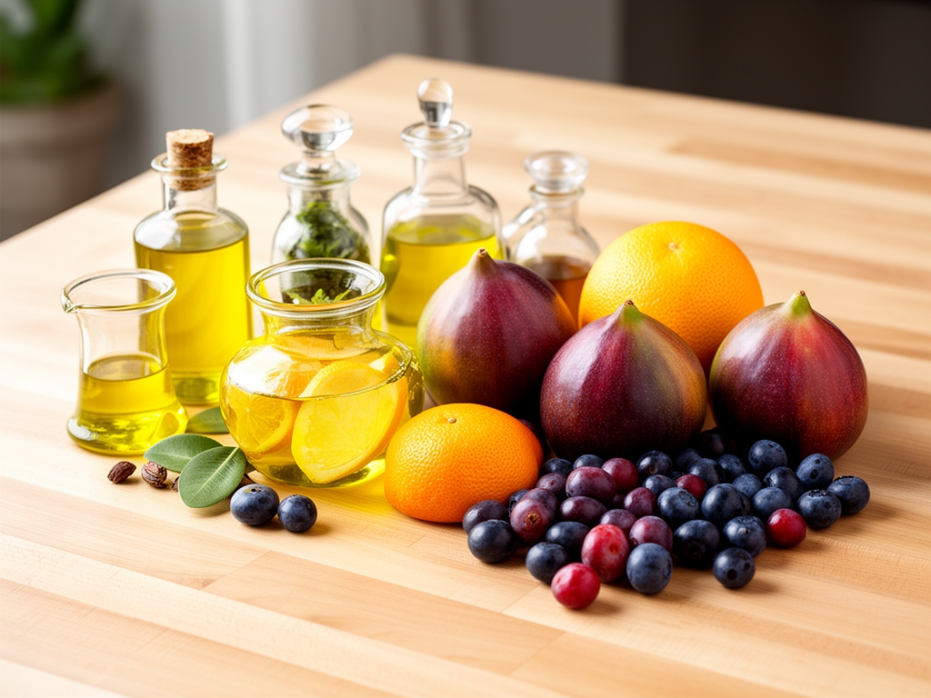 Krojone cytrusy, morele i jagody na jasnym drewnianym blacie obok szklanych pojemników z naturalnymi olejami, bogata kompozycja składników odżywczych dla skóry w stylu editorial